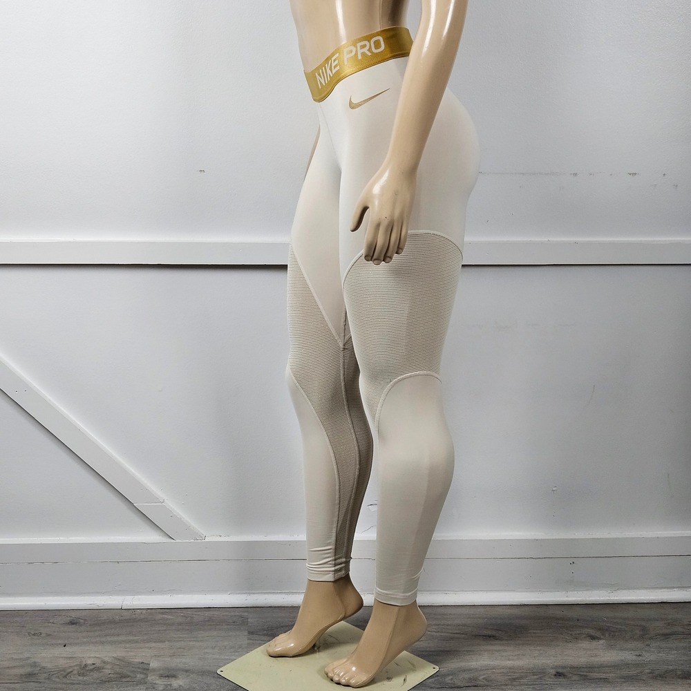 Nike Pro Dri-FIT Womens Leggings Cream Gold Metallic Waistband Mesh Panels Small - Picture 6 of 8